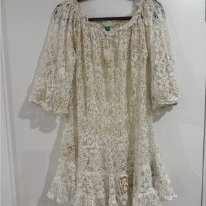 Antica Sartoria Cream Ruffled Tiered Lace Mini Dress with Bishop Sleeves